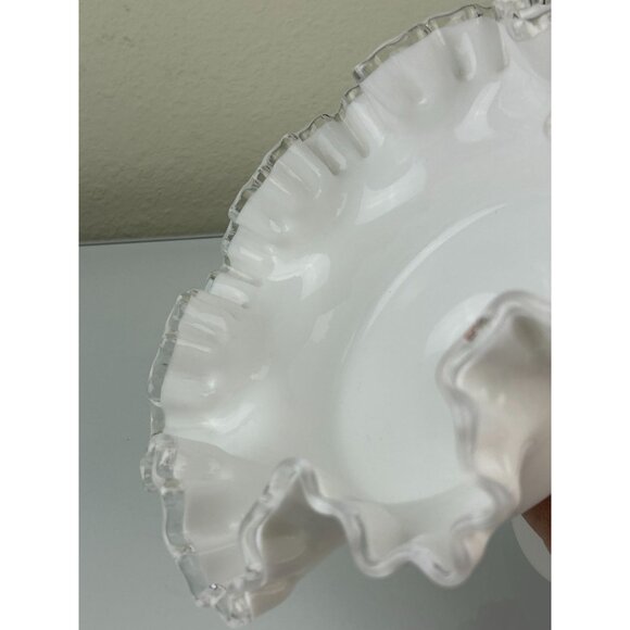 Fenton Silver Crest Pedestal Compote Bowl Clear Ribbon Ruffle White Milk Glass - Picture 7 of 13